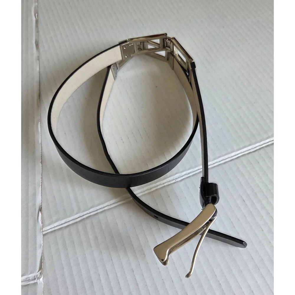 Ellen Tracy Womens Belt Genuine Leather Black Silver Tone Brackets Buckle  XL